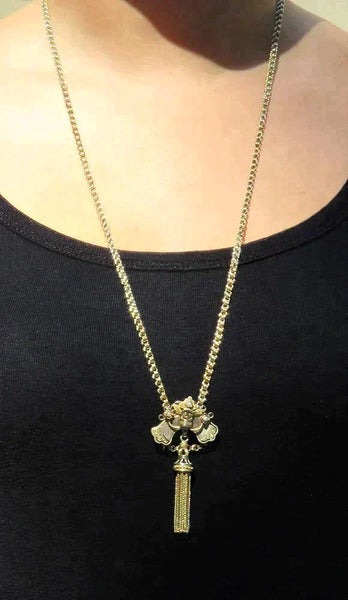 American Victorian 10k Gold Pearl Slider Pendant Necklace w/ Black Enamel