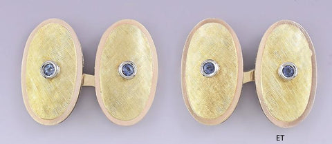 Handsome Pair 18k Gold & Sapphire Brushed Florentine Textured Oval Cufflinks
