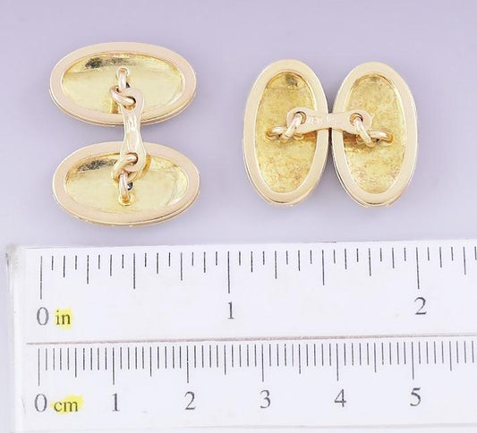Handsome Pair 18k Gold & Sapphire Brushed Florentine Textured Oval Cufflinks
