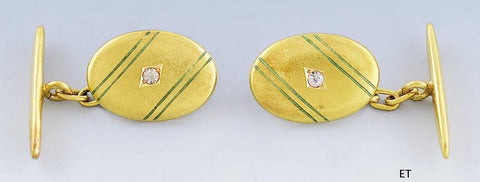 c1915 Stylish Pair 19.2k Gold Diamond & Green Enamel Pinstripe Cufflinks