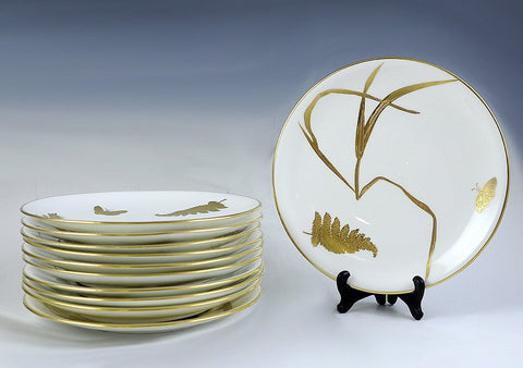11 English Mintons 1878 Gilt Porcelain Butterfly and Fern Plates