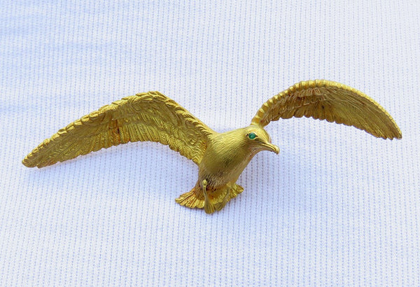 Stunning 18k Yellow Gold Emerald Pin Brooch Pendant Seagull Albatross Sea Bird