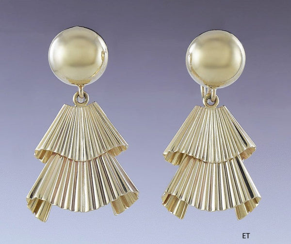 Wonderful Pair 14K Yellow Gold Fan Form Dangle Earrings Screw Back