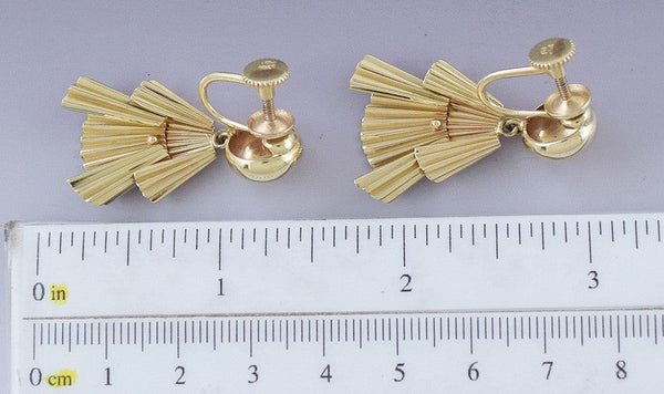 Wonderful Pair 14K Yellow Gold Fan Form Dangle Earrings Screw Back