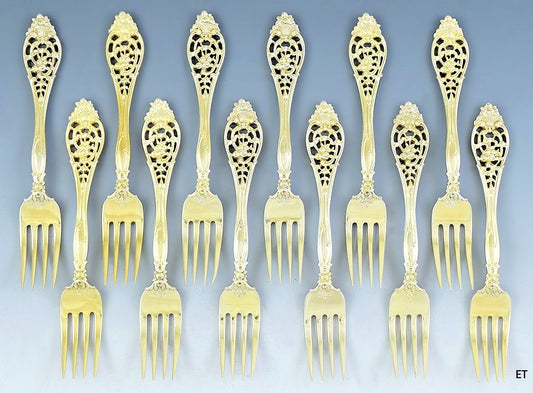 c1900 Fab set 12 Gilt Sterling Silver Basket of Flowers Dessert/Fruit Forks