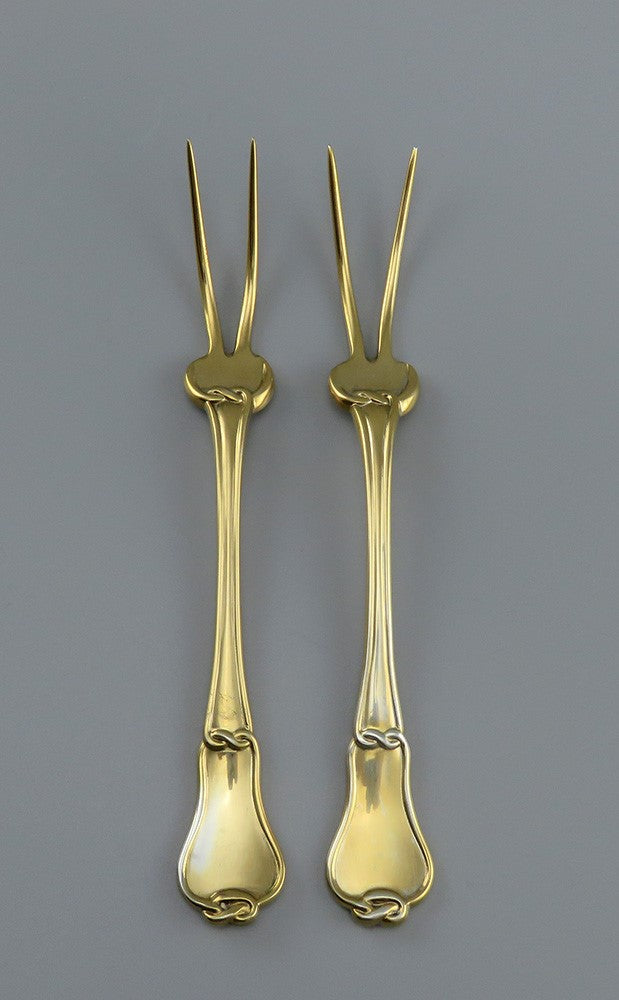 Pair 1855 Russian Gilt Silver Meat or Potato Forks KF Malcz Fleur de Lis Crest
