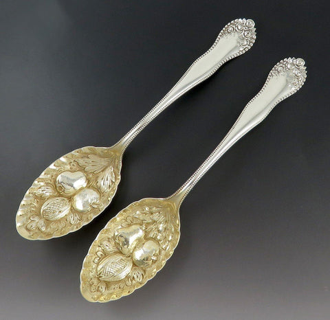 Antique Sterling Silver Gorham Lancaster 1897 Gold Fruit Serving Spoons 8 1/2"