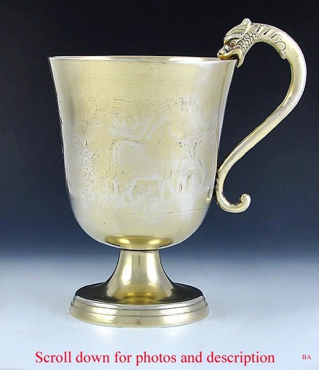 Antique 18th Century European Gold Wash Silver Dragon Head Engraved Cup Mug