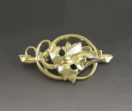Antique American Victorian 10K Yellow Gold Ribbon Engraved Leaf Pin or Brooch