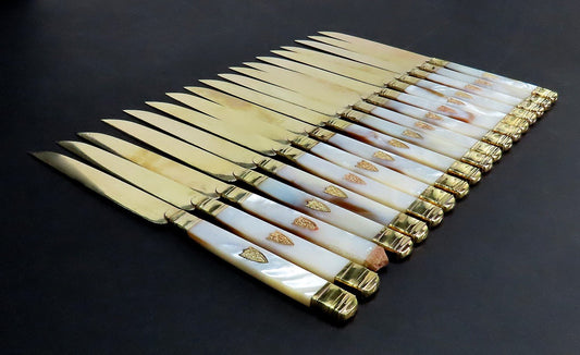 Fine set 18 French 950 Gilt Silver & Gold Mother-of-pearl Fruit/Dessert Knives