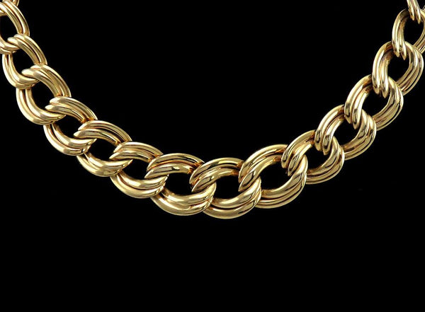 High End Italian 14K Yellow Gold Graduated Double Chain Link Necklace