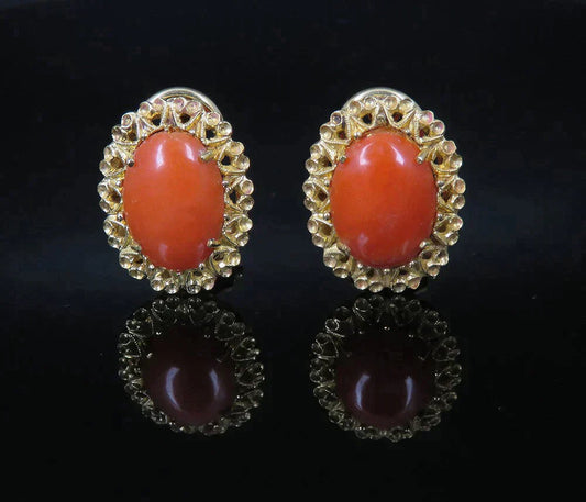 Pair Vintage Italian 18K Yellow Gold Natural Coral Cabochon Clip Earrings