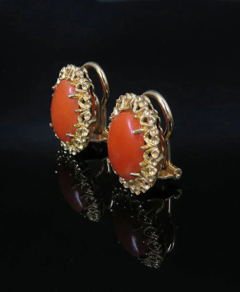 Pair Vintage Italian 18K Yellow Gold Natural Coral Cabochon Clip Earrings