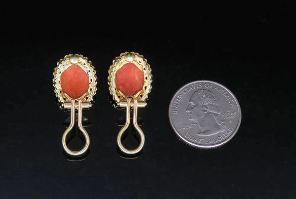 Pair Vintage Italian 18K Yellow Gold Natural Coral Cabochon Clip Earrings