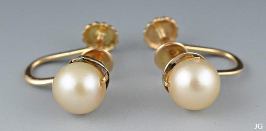 Classic 14K Yellow Gold Genuine Pearl Screw Back Earrings