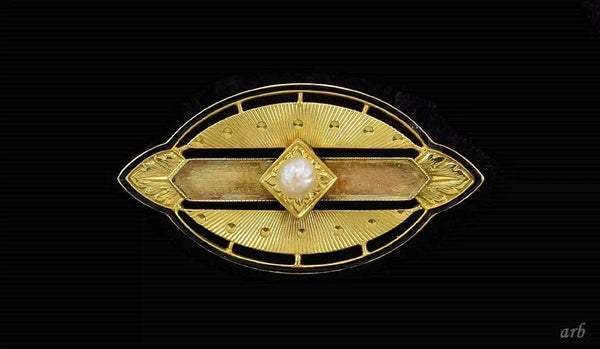 Antique American 1920s 14k Yellow Gold Pearl Black Enamel Pin by Carter Gough