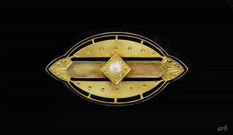 Antique American 1920s 14k Yellow Gold Pearl Black Enamel Pin by Carter Gough