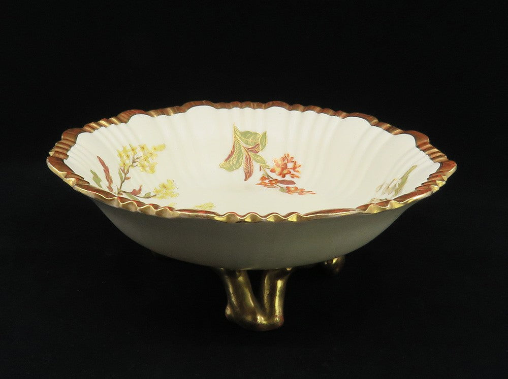 1889 Royal Worcester English Porcelain Gilded Hand Painted Footed Bowl Dish