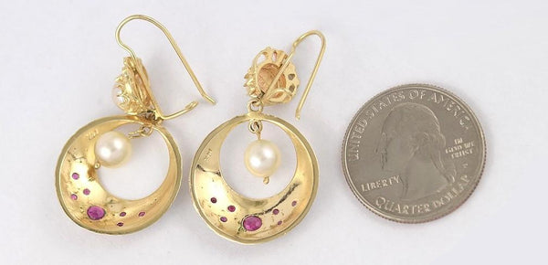 Breathtaking Vintage 14k Yellow Gold Dangling Earrings with Rubies and Pearls