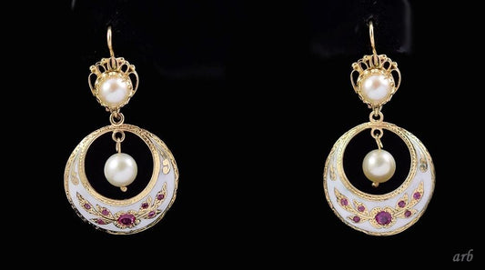 Breathtaking Vintage 14k Yellow Gold Dangling Earrings with Rubies and Pearls