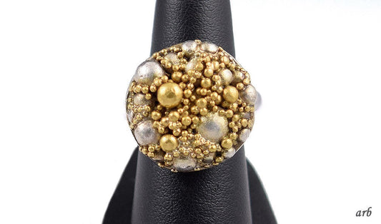 Incredible 22K Yellow Gold and Sterling Silver Ring w/ Circles/Beads Motif