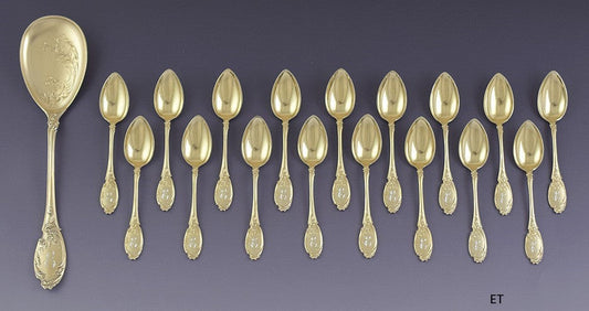 Fab German Bruckmann Gilt Silver 18pc Dessert Set 17 Spoons Server