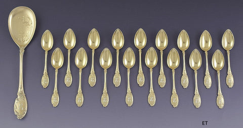 Fab German Bruckmann Gilt Silver 18pc Dessert Set 17 Spoons Server