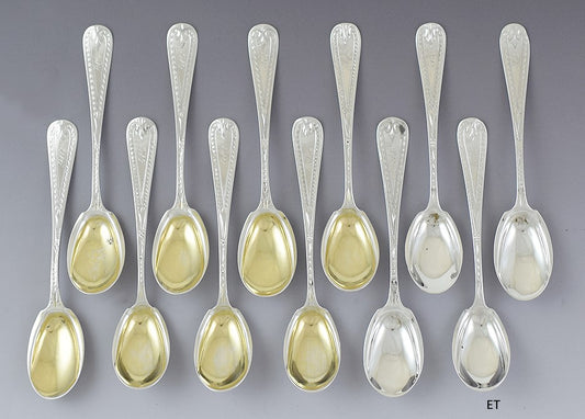 Great set 12 Antique American Sterling Silver Bright Cut Dessert Spoons