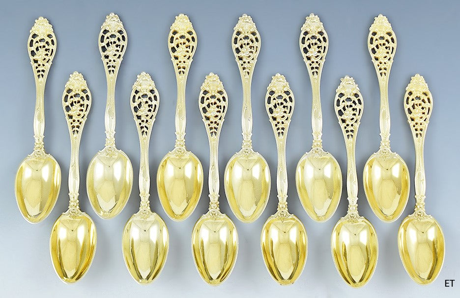 c1900 Fab set 12 Gilt Sterling Silver Basket of Flowers Dessert/Oval Soup Spoons
