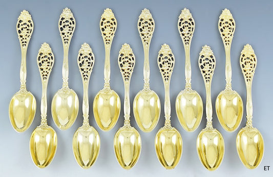 c1900 Fab set 12 Gilt Sterling Silver Basket of Flowers Dessert/Oval Soup Spoons