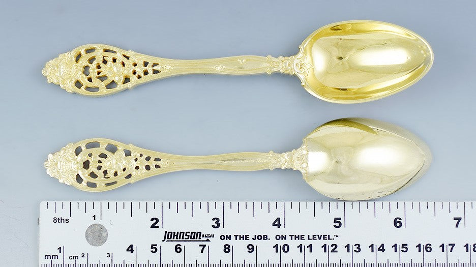 c1900 Fab set 12 Gilt Sterling Silver Basket of Flowers Dessert/Oval Soup Spoons