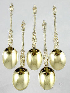 5 Antique 19th Century Gilt Silver Apostle Saint Spoons 4 1/8"