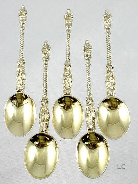 5 Antique 19th Century Gilt Silver Apostle Saint Spoons 4 1/8"
