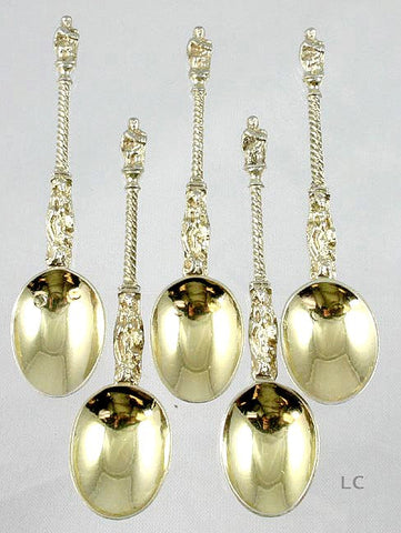 5 Antique 19th Century Gilt Silver Apostle Saint Spoons 4 1/8"