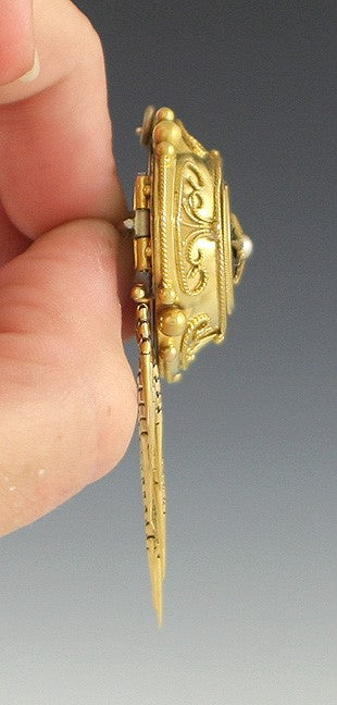 c1860 14k Gold Victorian Etruscan Revival Hair Memorial Brooch Pin