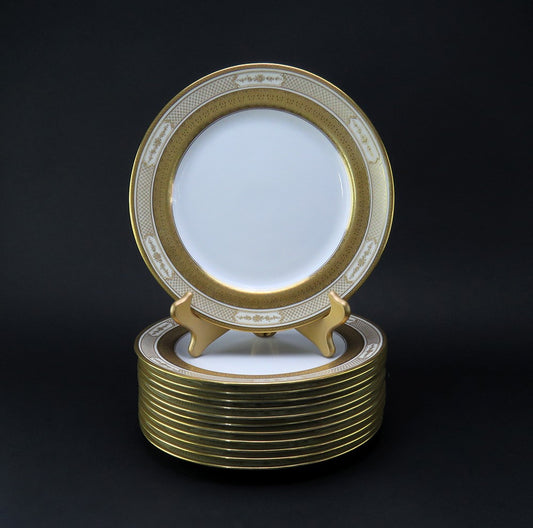 Impressive set 12 Antique Royal Doulton Tiffany Gilt Rim Dinner Plates 10 1/2"