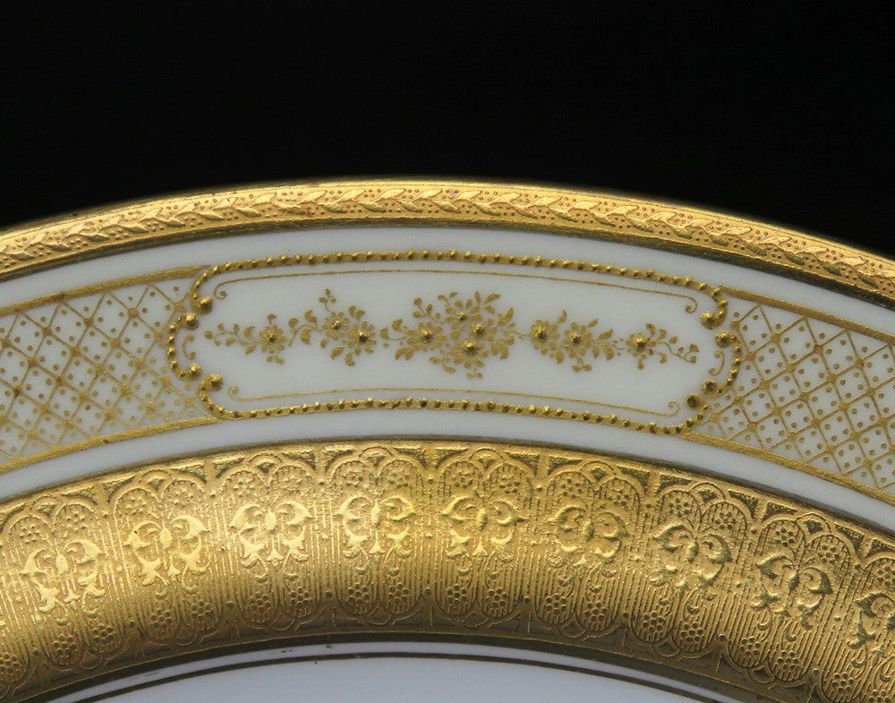 Impressive set 12 Antique Royal Doulton Tiffany Gilt Rim Dinner Plates 10 1/2"