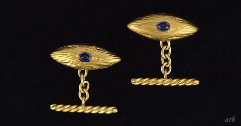 Stylish c1930s 14k Yellow Gold Sapphire Woodgrain Finish Toggle Cufflinks