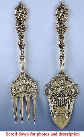 Antique c1890 Art Nouveau Gold Sterling Silver Fork Pie Serving Set