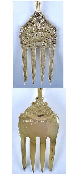 Antique c1890 Art Nouveau Gold Sterling Silver Fork Pie Serving Set