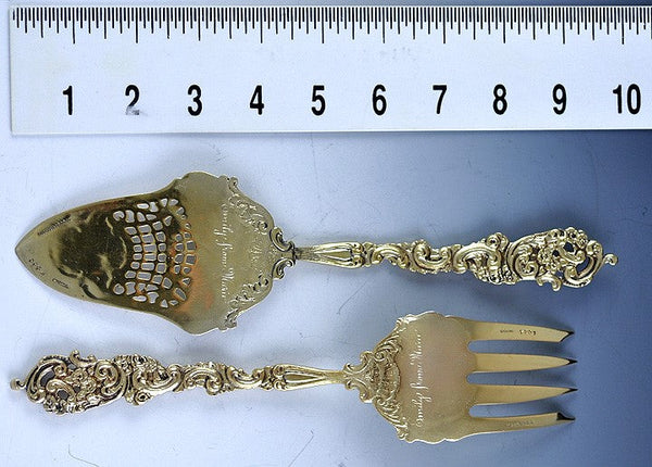 Antique c1890 Art Nouveau Gold Sterling Silver Fork Pie Serving Set