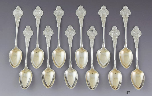 c1865-1875 set 12 American Sterling Silver Bright Cut Coffee 5 o'Clock Spoons