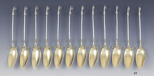 12 Antique Aesthetic Movement Leaf Gold Wash Sterling Silvers Gorham Spoons