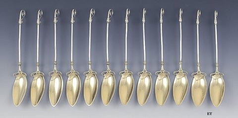 12 Antique Aesthetic Movement Leaf Gold Wash Sterling Silvers Gorham Spoons