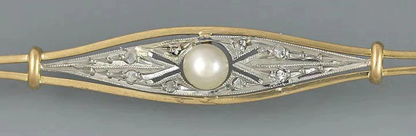 Antique c1900 French 18k Gold Platinum Pearl Diamond Bar Pin