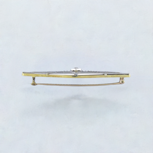 c1910s Lovely 14k Gold Platinum Filigree & Diamond Bar Pin Brooch