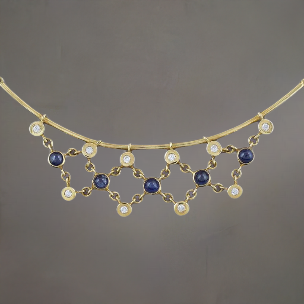 Fabulous Quality 18K Gold Diamond & Cabochon Sapphire Necklace