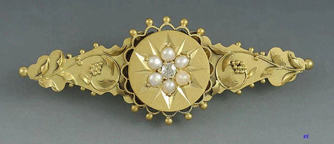 Superb Antique 1912 English 15k Yellow Gold Diamond Pearl Brooch Pin