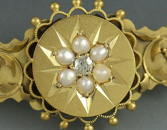 Superb Antique 1912 English 15k Yellow Gold Diamond Pearl Brooch Pin