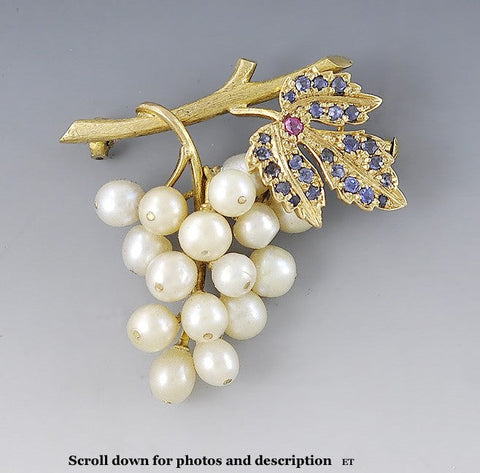 Charming 18k Yellow Gold Pearl Sapphire Ruby Realistic Grape Cluster Pin Brooch